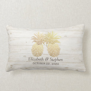 Wedding Shower Golden Pineapple Couple Rustic Wood Lumbar Cushion