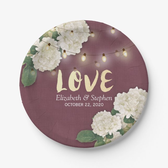 Wedding Shower Hydrangea String Light Burgundy Red Paper Plate (Front)
