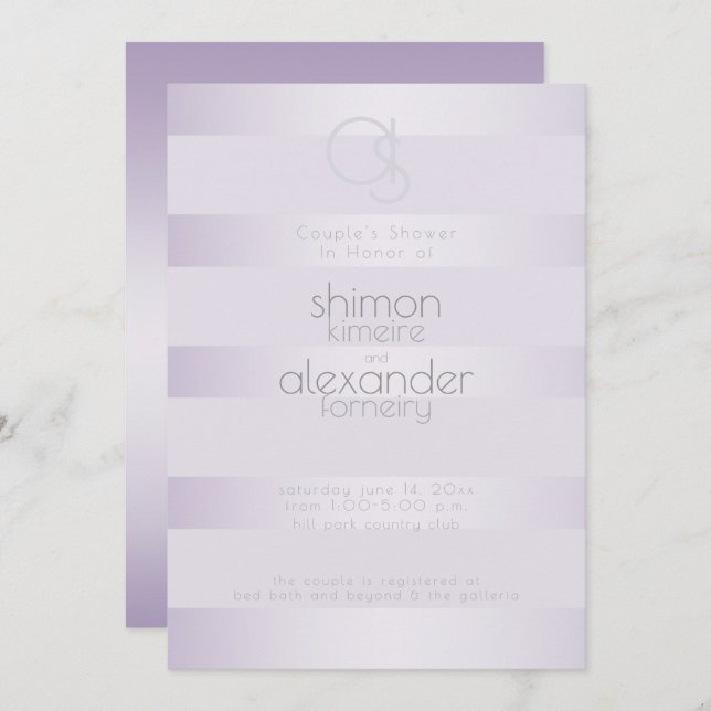 Wedding Shower | Lilac Shimmer Stripes Monogram Invitation (Front/Back)