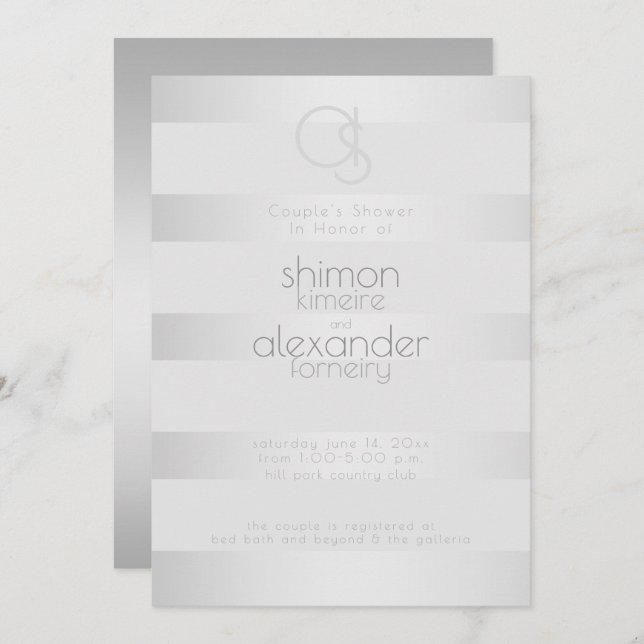 Wedding Shower | Luminous Silver Stripes Monogram Invitation (Front/Back)