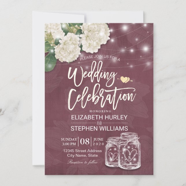 Wedding Shower Mason Jar Hydrangea Lights Burgundy Invitation (Front)