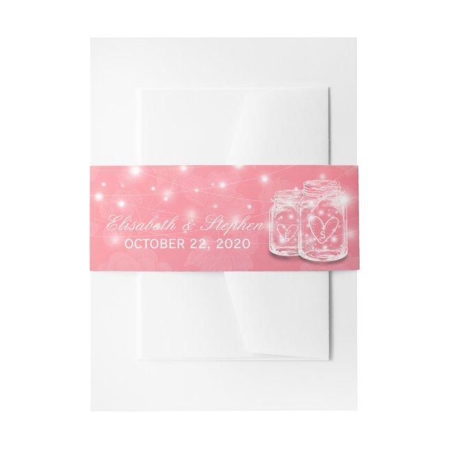 Wedding Shower Mason Jars String Light Pink Flower Invitation Belly Band (Front Example)