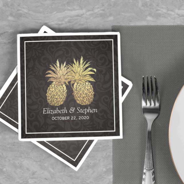 Wedding Shower Modern Black Gold Pineapple Couple Napkin (Creator Uploaded)