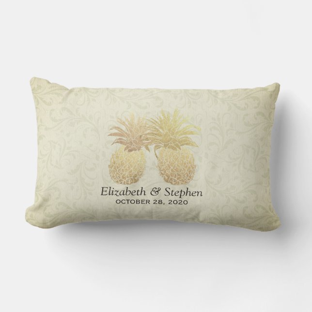 Wedding Shower Modern Gold Pineapples Damask Paper Lumbar Cushion (Front)