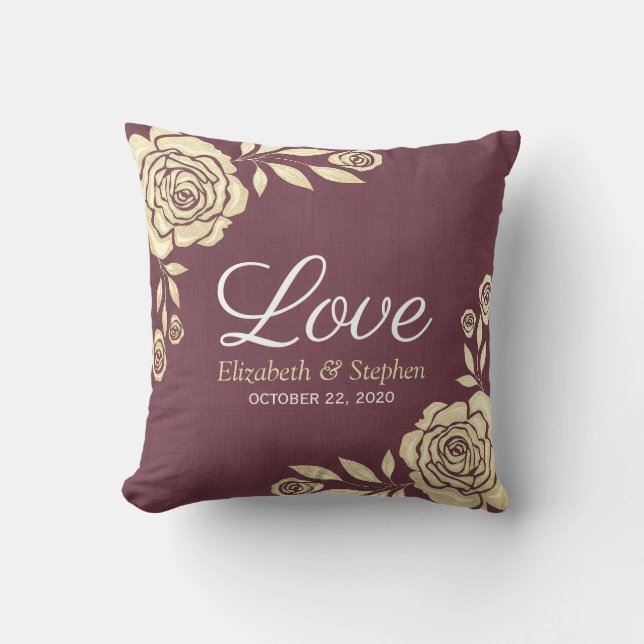 Wedding Shower Modern Golden Roses Burgundy Red Cushion (Front)