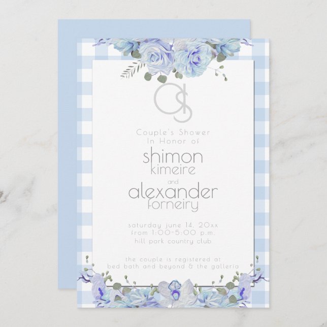 Wedding Shower |  Monogram, Painted Floral Blue Invitation (Front/Back)