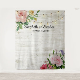 Wedding Shower Photo Backdrop Flowers Wood Lights Tapestry