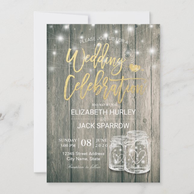 Wedding Shower Rustic Wood Mason Jar String Lights Invitation (Front)