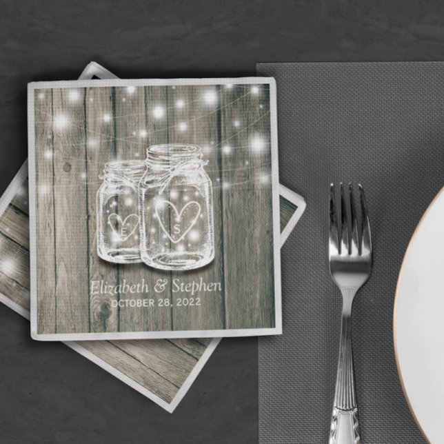 Wedding Shower Rustic Wood Mason Jar String Lights Napkin (Creator Uploaded)