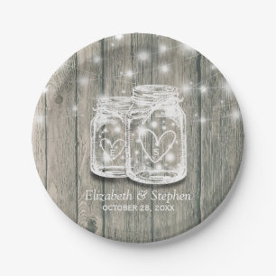 Wedding Shower Rustic Wood Mason Jar String Lights Paper Plate