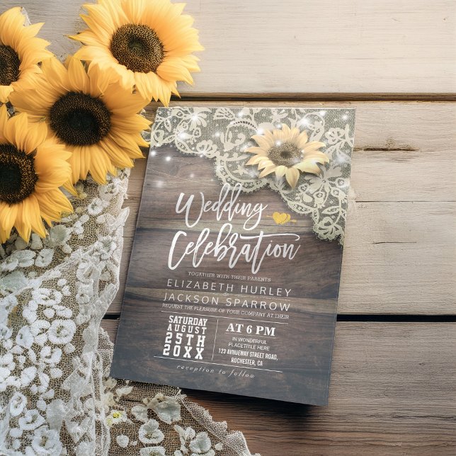 Wedding Shower Vintage Lace Sunflower Rustic Wood Invitation (Creator Uploaded)