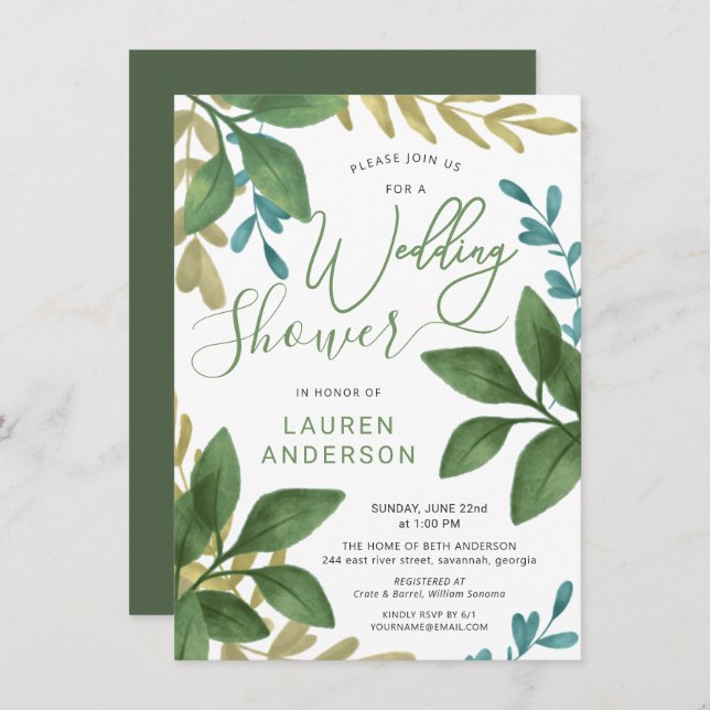Wedding Shower Watercolor Tea Leaves Foliage Invitation (Front/Back)
