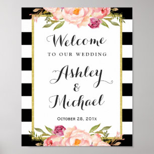 Wedding Sign Modern Floral Black White Stripes