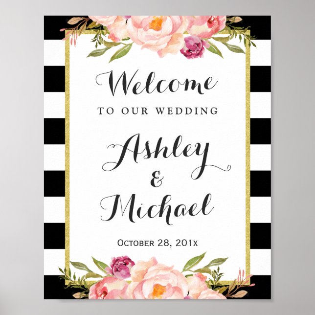 Wedding Sign | Modern Floral Black White Stripes (Front)