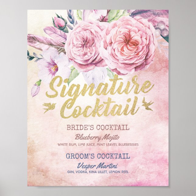 Wedding Signature Cocktail Drink Menu Boho Floral Poster (Front)
