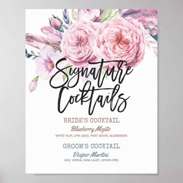 Wedding Signature Cocktail Drink Menu Boho Floral Poster (Front)
