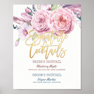 Wedding Signature Cocktail Drink Menu Boho Floral Poster