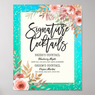 Wedding Signature Cocktail Drink Menu Pink Floral Poster