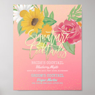 Wedding Signature Cocktail Drink Menu Pink Flowers Poster