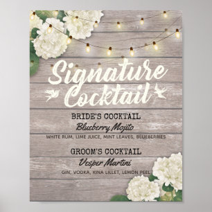 Wedding Signature Cocktail Drink Menu Wood Flowers Poster