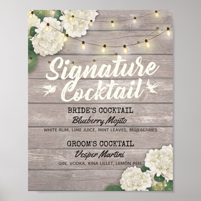 Wedding Signature Cocktail Drink Menu Wood Flowers Poster (Front)