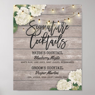 Wedding Signature Cocktail Drink Menu Wood Flowers Poster