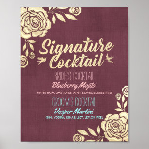 Wedding Signature Drink Menu Burgundy Golden Roses Poster