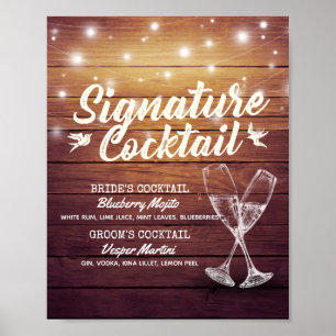 Wedding Signature Drink Menu Champagne Glass Wood Poster