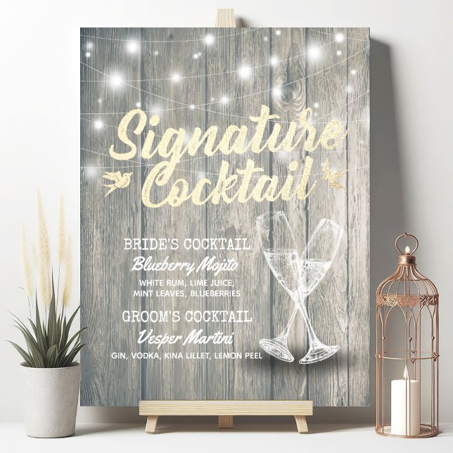 Wedding Signature Drink Menu Champagne Glass Wood Poster (Creator Uploaded)