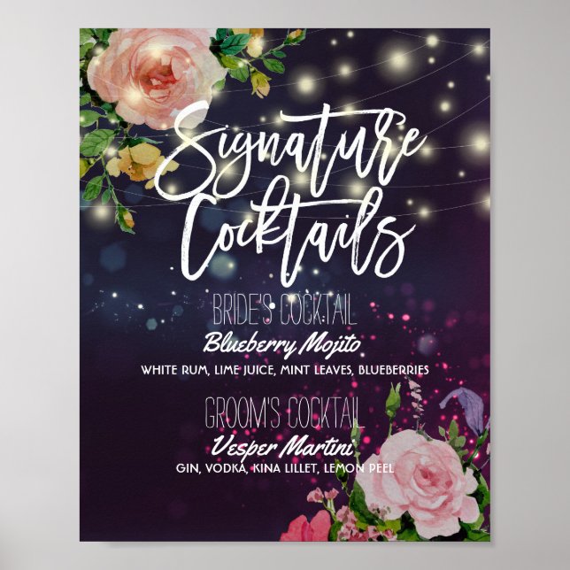 Wedding Signature Drink Menu Floral String Lights Poster (Front)