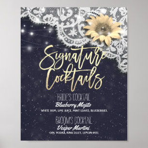 Wedding Signature Drink Menu Lace Sunflower Lights Poster