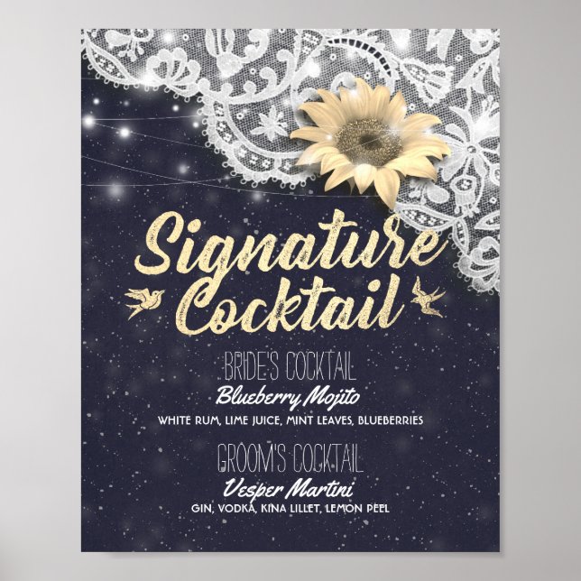 Wedding Signature Drink Menu Lace Sunflower Lights Poster (Front)