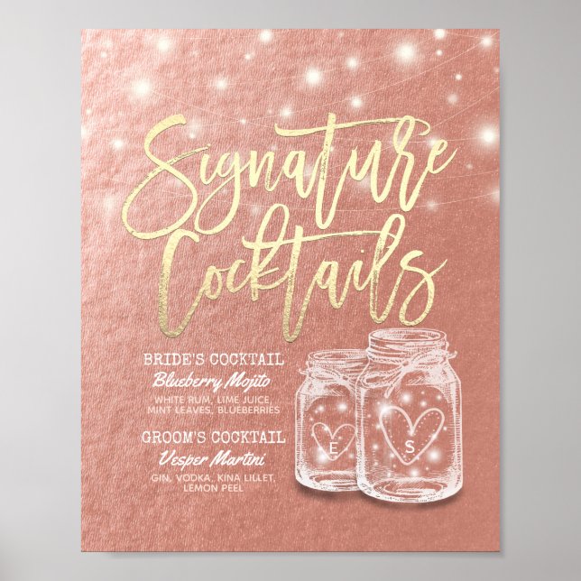 Wedding Signature Drink Menu Mason Jars Rose Gold Poster (Front)