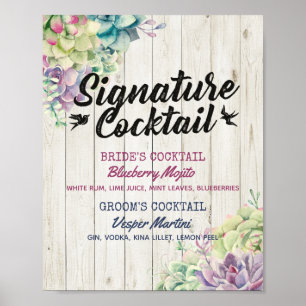 Wedding Signature Drink Menu Succulent Rustic Wood Poster