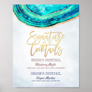 Wedding Signature Drink Menu Teal Gold Agate Geode Poster