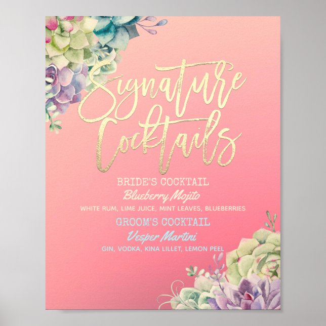 Wedding Signature Drink Menu Watercolor Succulent Poster (Front)