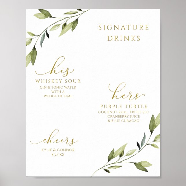 Wedding Signature Drinks Cocktails Greenery Gold Poster (Front)