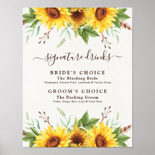 Wedding Signature Drinks Rustic Boho Sunflowers Poster