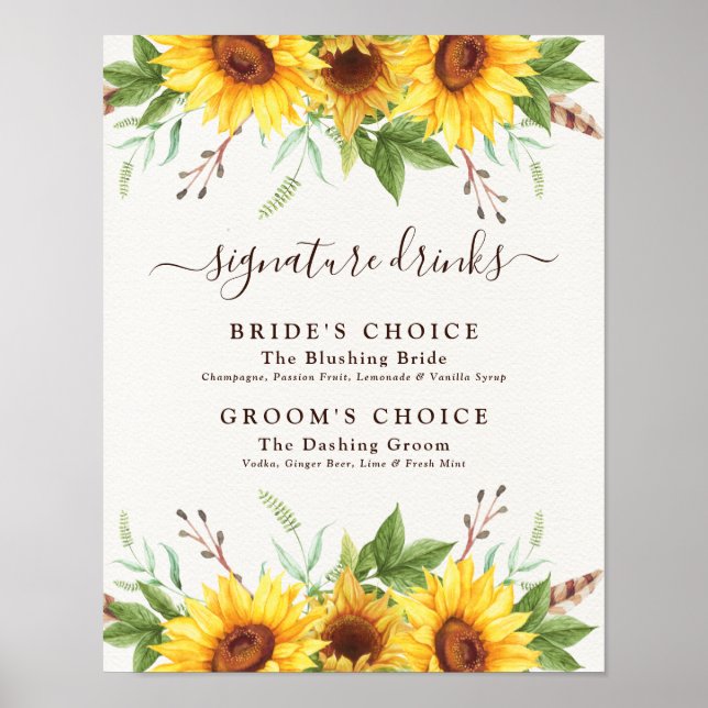 Wedding Signature Drinks Rustic Boho Sunflowers Poster (Front)