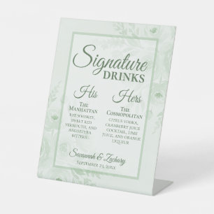 Wedding Signature Drinks Sage Green Boho Peonies Pedestal Sign