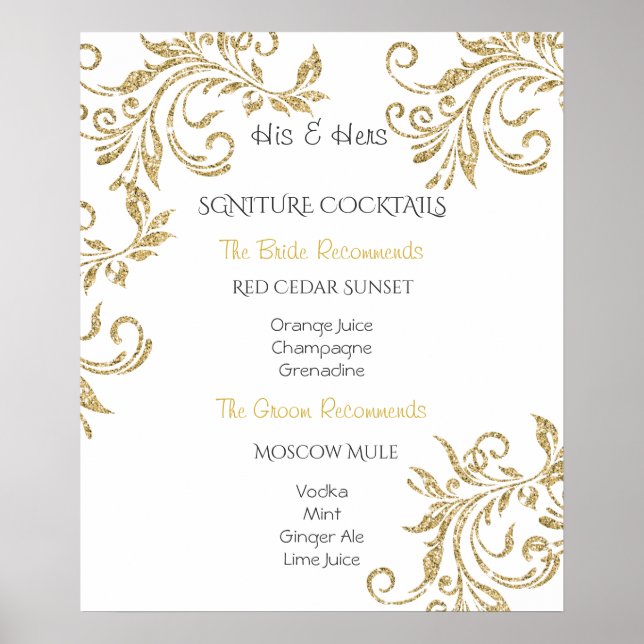 Wedding, Signiture Cocktails, Faux Gold Glitter, Poster (Front)