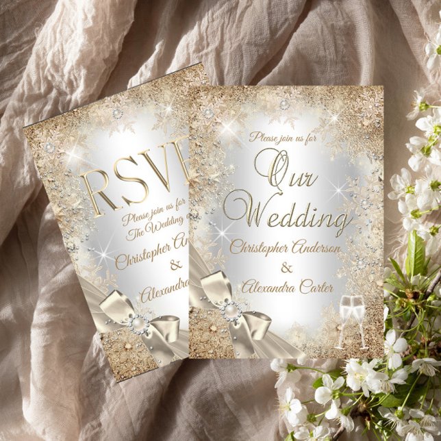 Wedding Silver Beige Cream Pearl Bow Snowflake Invitation (Creator Uploaded)