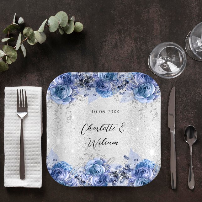 Wedding silver blue flowers paper plate (Creator Uploaded)