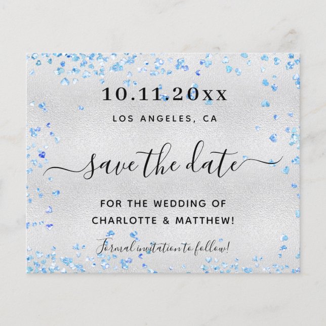Wedding silver blue hearts budget save the date flyer (Front)