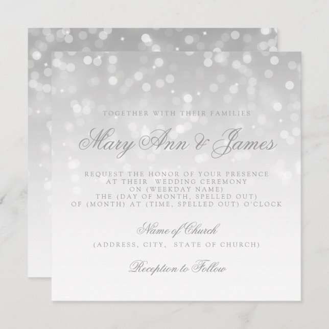Wedding Silver Bokeh Sparkle Lights Invitation (Front/Back)