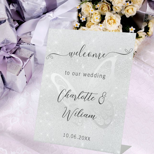 Wedding silver butterfly welcome pedestal sign (Creator Uploaded)