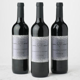 Wedding silver glitter bride groom mr mrs heart wine label