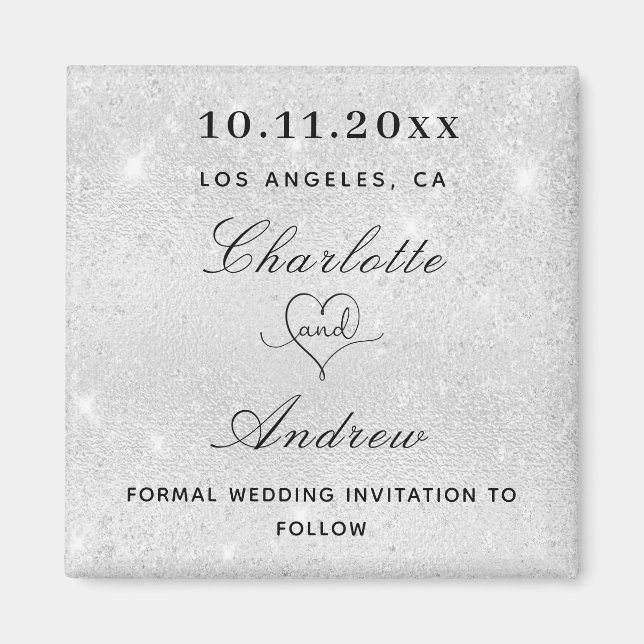 Wedding silver glitter dust elegant save the date magnet (Front)