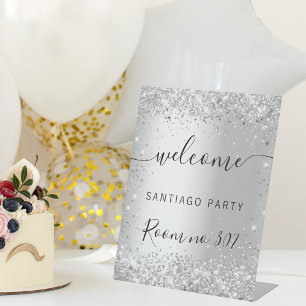 Wedding silver glitter name script welcome pedestal sign
