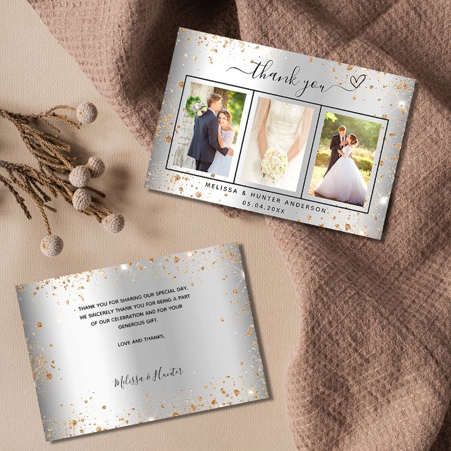 Wedding silver photo gold heart script elegant thank you card (Creator Uploaded)